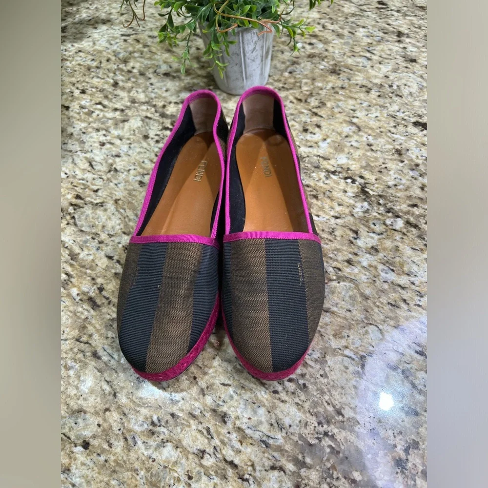 Fendi Pequin Striped Canvas Espadrille Flat, Pink Black Brown 39